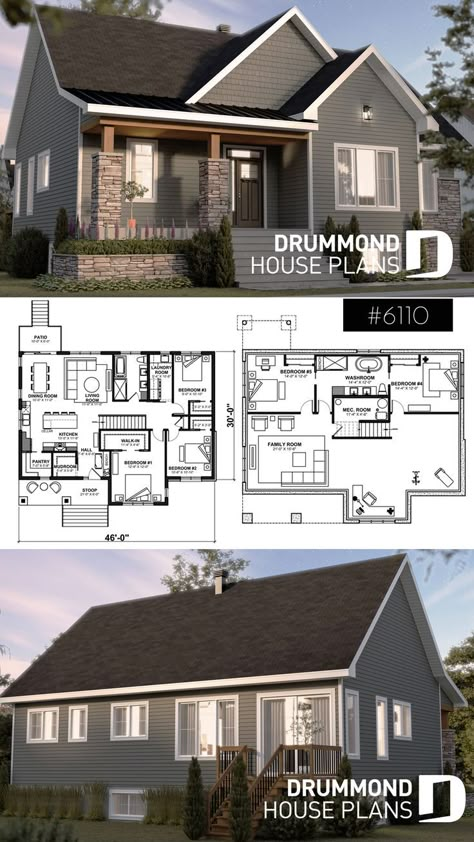 Country Ranch House, 3 Bedroom Home Floor Plans, One Level House Plans, Drummond House Plans, Basement House Plans, Country Ranch, Bedroom Basement, House Plans 3 Bedroom, Sims 4 House Plans