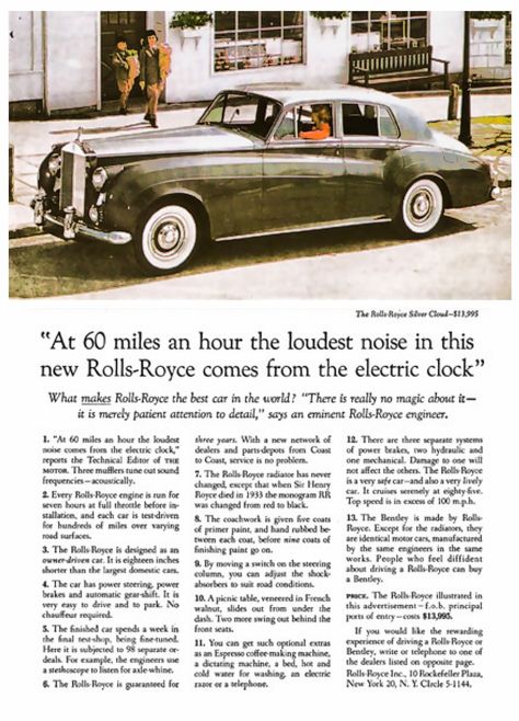 Good Advertising Example by David Ogilvy Copywriting Ads, New Rolls Royce, David Ogilvy, Copywriting Inspiration, Copy Ads, Royce Car, Rolls Royce Silver Cloud, Research Images, Loud Noises