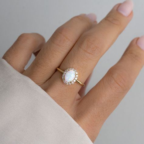 Opal Halo Engagement Ring, Unique Engagement Rings Opal, Opal Gold Engagement Ring, Opal Engagement Ring Silver, Dainty Promise Rings, Senior Ring, Gold Opal Jewelry, Opal Ring Engagement, Opal Wedding Ring Set