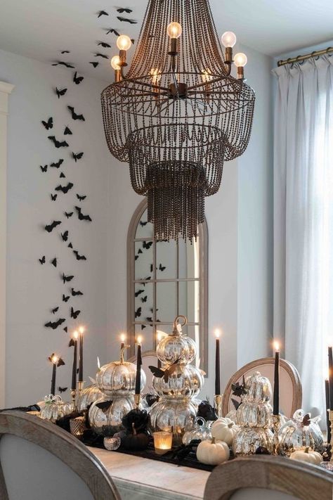 Black Butterfly Decor, Candlestick Halloween Decor, Classy Spooky Halloween Decor, Ghost Tablescape, Modern Halloween Party, Halloween Chic Decor, Luxury Halloween Decor, Dining Room Halloween Decor, Halloween Decor Classy