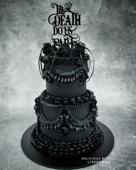 Wedding & Celebration Cake Designer Liverpool | Seeing as it’s very nearly spooky season, I thought I’d share this all black buttercream 2 tiered Lambeth piped wedding cake. It’s clearly… | Instagram Gothic Wedding Cake Simple, Black And Purple Wedding Cake, Groom To Be Cake Designs, Wedding Cake Gothic, Hallowedding Cake, Black Gothic Cake, Dark Wedding Cake, Gothic Wedding Topper, Goth Wedding Cake