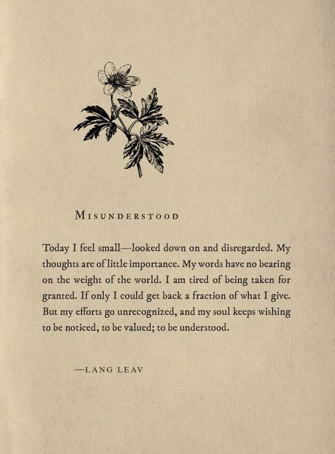 Misunderstood Lang Leav Quotes, Lang Leav Poems, Misunderstood Quotes, Today I Feel, Lang Leav, Gratitude Challenge, Literature Quotes, Poetry Words, Poems Quotes