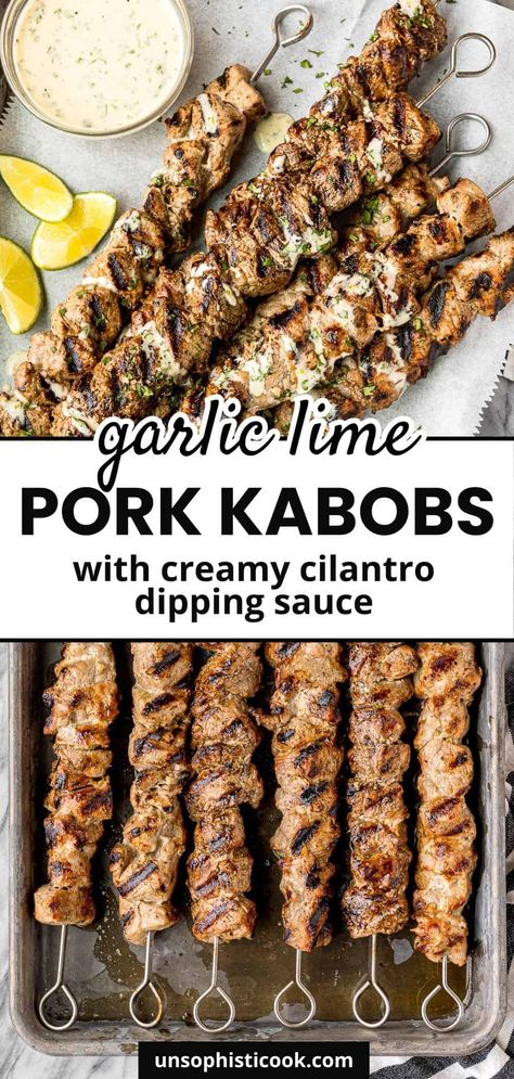 Need a wow-worthy new grilling recipe for your next cookout? These delicious garlic lime pork kabobs totally fit the bill! Juicy grilled pork tenderloin cubes infused with the BEST honey garlic lime marinade, AND the pork marinade doubles as the base for an out of this world creamy cilantro sauce... | pork kabob marinade | kabob recipe pork | pork kabobs on the grill | grilled pork skewers | marinade recipes for pork | pork kebabs recipe Pork Skewers Marinade, Pork Kabobs On The Grill, Pork Kabob Marinade, Kabobs On The Grill, Bbq Meals, Kabob Marinade, Pork Kebabs, Lime Marinade, Pork Kabobs