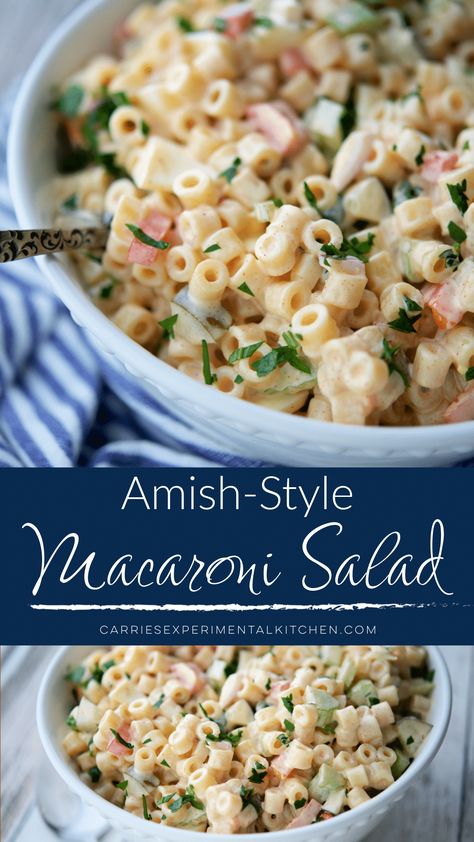 This creamy Amish Macaroni Salad is made with diced vegetables, eggs and pickles in a tangy mayonnaise based dressing. #salad #macaronisalad Asian Crunch Salad, Diced Vegetables, Amish Macaroni Salad, Grilled Chicken Burgers, Greek Chickpea Salad, Gluten Free Sauces, Unique Salad, Crunch Salad, Dressing Salad