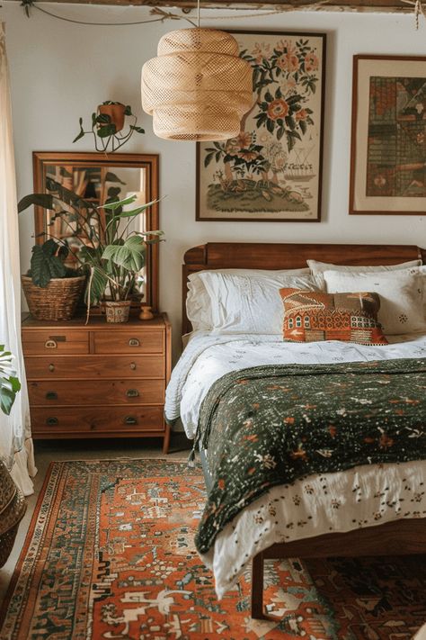 Earthy Modern Wall Art, Wooden Cottage Bedroom, Home Decor Ideas Small Bedroom, Wood Furniture Bedroom Aesthetic, Airy Cottage Bedroom, Older House Decor Ideas, Botanic Room Decor, France Aesthetic Apartment, Cozy Art Deco Bedroom