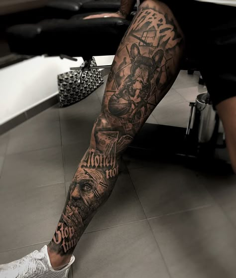 Side Knee Tattoo Men, Left Leg Tattoo Men, Front Shin Tattoo Men, Men Leg Sleeve Tattoo Ideas, Leg Sleeve Tattoo Men Full, Leg Sleeve Tattoo Men, Chicano Leg Sleeve, Mens Knee Tattoo, Cool Leg Tattoos For Guys