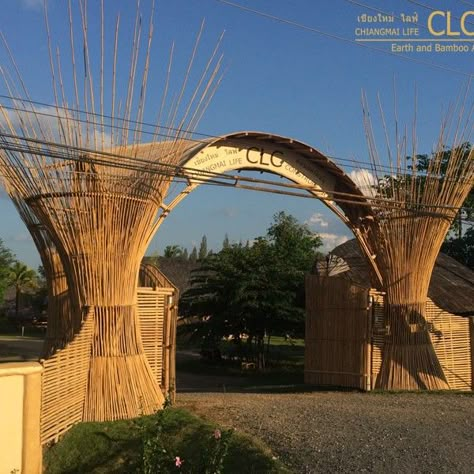 Entrance Gate at CLC | Bamboo Architecture | CLA Modern Bamboo House Design, Bamboo Gate Design, Bamboo Interior Design, Bamboo Gate, Bamboo Interior, Entrance Arch, Bamboo Diy, Bamboo Building, Event Entrance