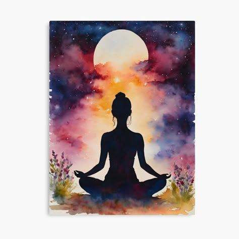 Get my art printed on awesome products. Support me at Redbubble #RBandME: https://www.redbubble.com/i/canvas-print/Yoga-girl-Meditating-Silhouette-Spiritual-Meditation-Art-by-Arwen-Art/154030839.5Y5V7?asc=u Yoga Drawings Art, Meditation Painting Spiritual, Yoga Painting Ideas On Canvas, Meditation Painting Ideas, Yoga Painting Ideas, Meditating Silhouette, Yoga Art Illustration, Meditating Girl, Girl Meditating