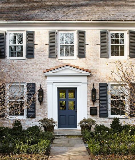 Front Door Colors 2023, Gray Front Door Colors, Navy Front Door, Exterior Refresh, Cottage Front Doors, Oval Glass Front Door, Front Door Color, Blue Front Door, Black Shutters