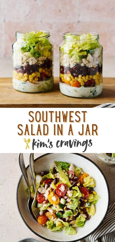 Delicious Southwest Salad in a Jar is quick and easy to make, and perfect for meal prep! Tender chicken is layered with crunchy cucumbers, fresh tomatoes, corn, black beans and crisp lettuce with creamy dressing in a jar. So, you don’t have to worry about your veggies getting soggy or bringing a separate container for dressing! Southwest Bowl Meal Prep, Black Bean And Corn Mason Jar Salad, Taco Salad Jar Meal Prep, Salad In A Jar Ideas, Mason Jar Chef Salad, Southwest Salad Meal Prep, Salad Container Ideas, Jar Salad Recipes Healthy, Vegetarian Jar Meals