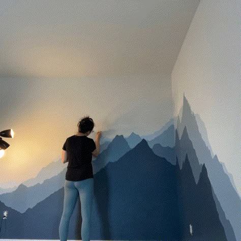 Watercolor Night Sky Tutorial, Night Sky Tutorial, Mountain Wall Painting, Sky Tutorial, Boys Room Mural, Mountain Bedroom, Watercolor Night Sky, Mountain Wall Mural, Wall Murals Diy