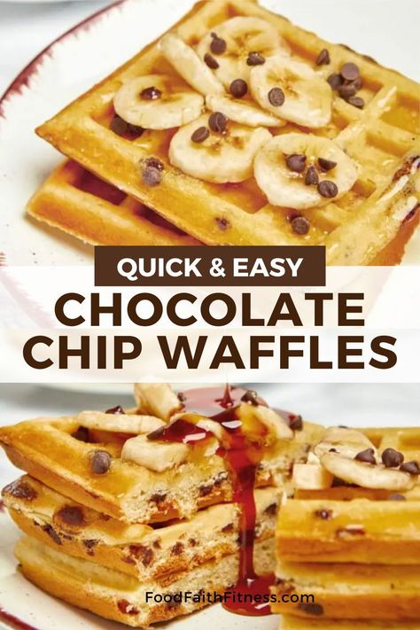 Create fluffy chocolate chip waffles at home! Combine melted butter, milk, vanilla, eggs, flour, baking powder, salt, sugar, and chocolate chips. Rest batter for fluffiness. Cook in hot waffle iron until golden brown. Serve warm! Banana Chocolate Chip Waffles, Chocolate Chip Waffles Recipe, Chocolate Chip Waffle Recipe, Chocolate Waffle Recipe, Weekend Breakfast Recipes, Chocolate Chip Waffles, Dairy Free Low Carb, Waffles Easy, Snack Smoothie