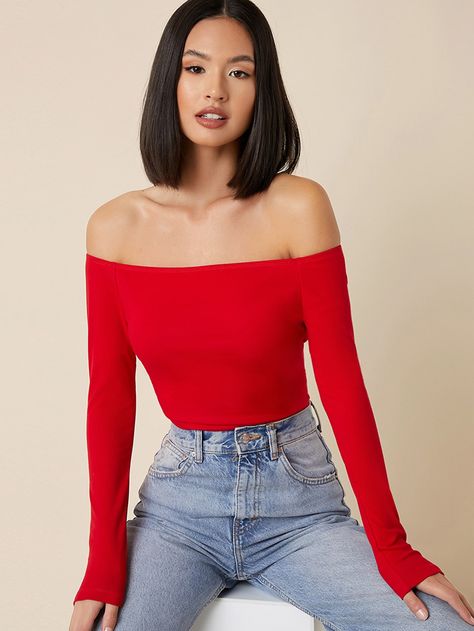 Colour Outfit Ideas, Red Top Outfit, Gryffindor Outfit, Pear Body Shape Outfits, Red Off Shoulder Top, Denim Attire, Lehenga Skirts, Off The Shoulder Top Outfit, Colour Outfit