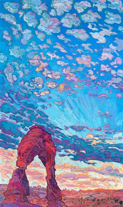 Delicate Arch original oil painting for sale of Arches National Park, southern Utah, by modern impressionist Erin Hanson Erin Hanson Painting, Arches Painting, Post Impressionist Paintings, Erin Hanson, Delicate Arch, Contemporary Impressionism, Modern Impressionism, Vantage Point, Action Painting