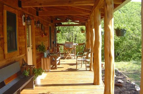 Cedar porch posts | Love this rustic cedar post porch!! Cedar Porch Posts, Cedar Front Porch, Porch Post Ideas, Cedar Porch, Cabin Porches, Front Porch Posts, Country House Exterior, Front Porch Addition, Rustic Front Porch