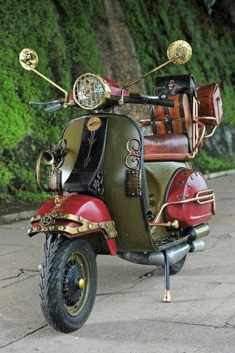 Steampunk Creations, Steampunk Vehicles, Steampunk Motorcycle, Vespa Bike, Vespa Ape, Steampunk Vehicle, Mode Steampunk, Steampunk Tendencies, Vintage Vespa