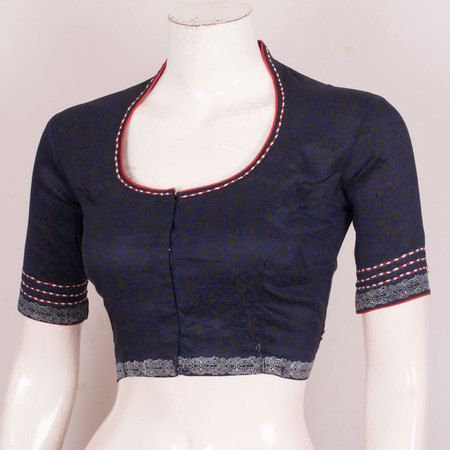 Hand Block Printed Silk Cotton Blouse With Embroidered Collar Neck & Sleeve 10030510 - AVISHYA.COM Blouse Designs High Neck, Cotton Blouse Design, Cotton Saree Blouse Designs, Suit Clothing, Cotton Saree Blouse, Saree Blouse Neck Designs, New Saree Blouse Designs, Latest Model Blouse Designs, Fashionable Saree Blouse Designs