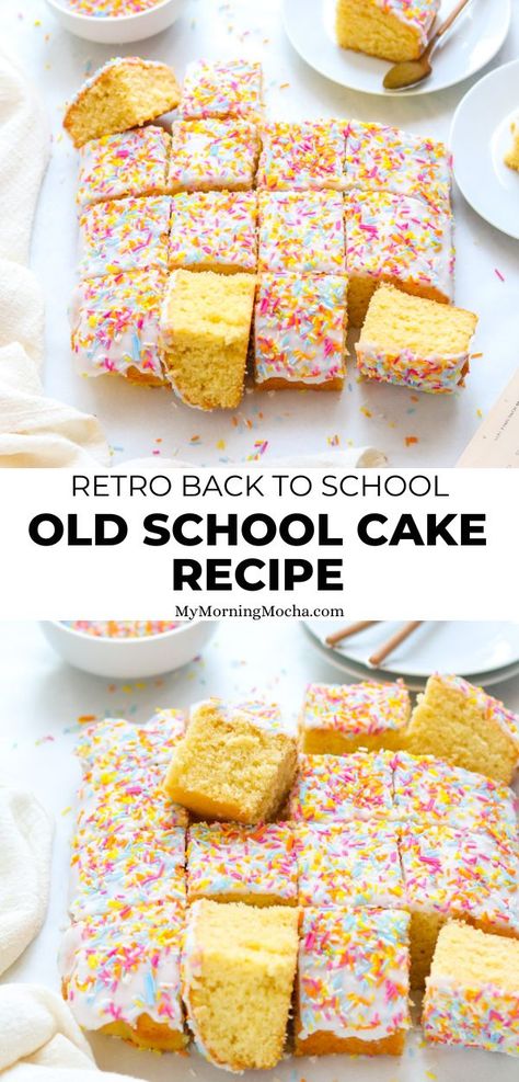 Vanilla sponge traybake with icing is a school dinners pudding loved by many. Plus, this old school cake recipe is so easy and quick to make. School Cake Recipe, Baking Recipes Uk, Old School Cake, Easy Cakes For Kids, School Dinner Recipes, Easy Sponge Cake Recipe, Easy Birthday Cake Recipes, Cake Recipes Uk, Ballerina Cupcakes