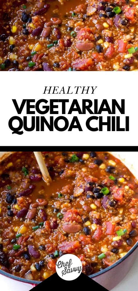 Try this Healthy & Loaded Vegetarian Quinoa Chili Recipe! This super healthy Vegetarian Quinoa Chili is loaded with three different types of beans, corn, and quinoa. It’s hearty, thick, filling, and full of flavor — so much so that you won’t miss the meat. Serve it with some Homemade Cornbread or Homemade Tortilla Chips to complete the meal! Follow Chef Savvy for more Mexican Recipes! Quinoa Chilli, Corn And Quinoa, Quinoa Chili Recipe, Chili Healthy, Vegetarian Quinoa Chili, Chili Recipe Healthy, Simple Healthy Meals, Quinoa Recipes Easy, Chef Savvy