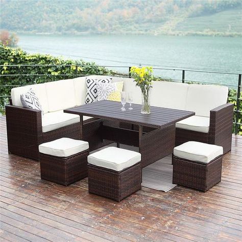 Patio And Garden Ideas, Brown Outdoor Furniture, Patio Furniture Layout, Wicker Outdoor Sectional, Couch Dining Table, Wisteria Lane, Decking Ideas, Beachfront Decor, Sectional Patio Furniture