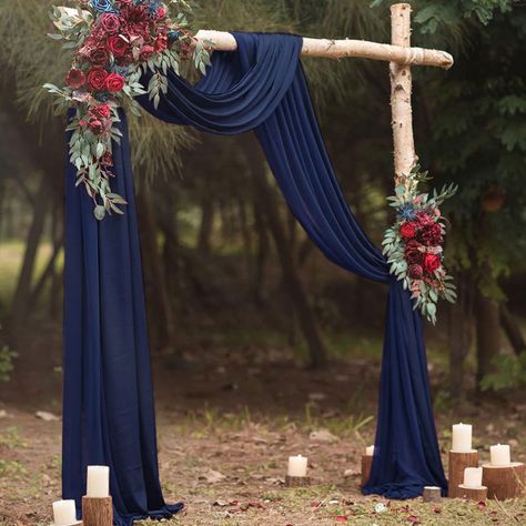 Navy And Burgundy Wedding, Vestido Charro, Wedding Arch Draping, Arch Draping, Dark Blue Wedding, Blue Wedding Decorations, Backdrop Curtains, Wedding Archway, Wedding Ceremony Ideas