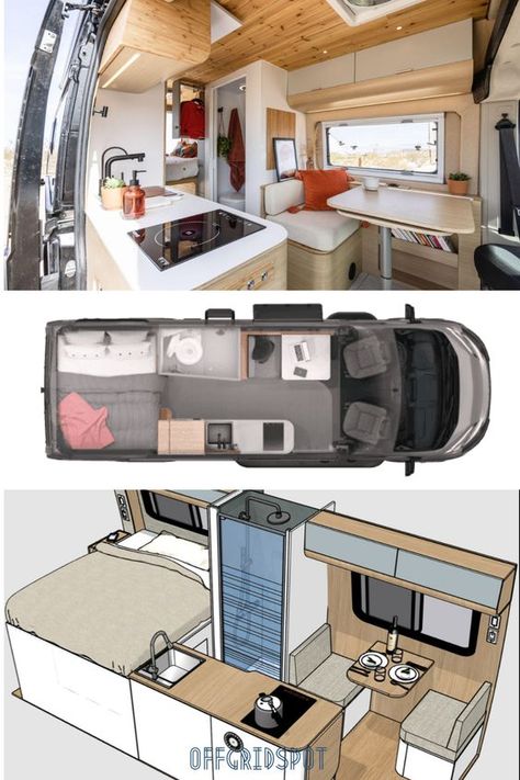 Van Builds With Bathroom, Sprinter Camper Van Layout, Micro Camper With Bathroom, Can Camper Conversion, 4 Berth Sprinter Van Conversion, Van Conversion With Shower Layout, Boho Sprinter Van, Van Plan Layout, Sprinter Van Living