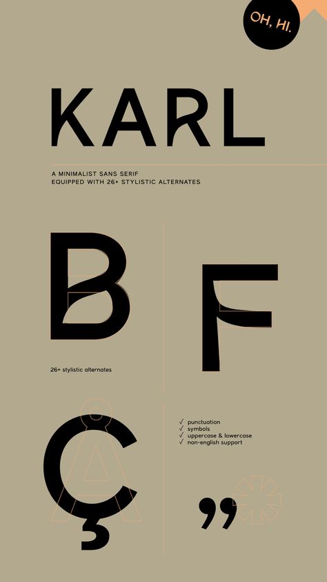 Karl is a bespoke & minimalist sans serif typeface perfectly suited for designing unique brands, bold packaging and much more! This font is equipped with 26 stylistic alternates to make everything you design look refined, unique and professional in seconds. The thoughtfully designed alternate glyphs in combination with the clean and timeless main characters create the perfect balance for your design project. Shop the font here: www.localdesk.de/fonts #graphicdesign #branding #modernfont Serif And Sans Serif Logo, Clean Serif Fonts, Unique Sans Serif Font, Bold Logo Design Typography, Modern Sans Serif Logo, Logo Serif Font, Modern Serif Typeface, Bold Sans Serif Fonts, Simple Type Logo