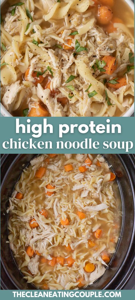 High Protein Chicken Noodle Soup is total comfort food! Unlike other soups that leave you hungry, this chicken noodle soup has over 20g of protein per serving. Loaded with chicken, veggies and yummy broth Shredded Chicken Soup Recipes Healthy, High Protein Soup Recipes Crockpot, High Protein Healthy Soup, Healthy Chicken Soup Recipes Slow Cooker, Protein Crock Pot Meals, Chicken And Veggie Soup Crockpot, Meals With Chicken Broth, Easy Protein Meals Dinners, Simple Soup Recipes Healthy