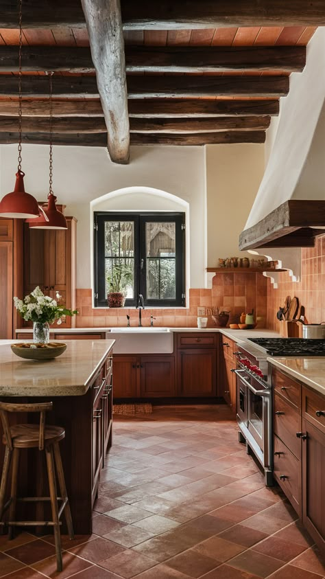 Hacienda Style Kitchen 24 Ideas: Transform Your Space with Spanish Colonial Charm Terracotta Tiles Interior Design, Spanish Style Tile Floors, Spanish Style Tile Kitchen, Kitchen With Spanish Tile Floor, Red Terracotta Floor, Modern Spanish Style Homes Kitchen, Terra Cotta Kitchen Floor, Terracotta Tile Texture, Spanish Style Kitchen Mexican Hacienda