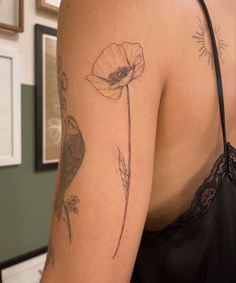 Poppy Spine Tattoo, Back Of Upper Arm Tattoo, Back Forearm Tattoo, Vintage Aesthetic Tattoos, Aesthetic Tattoos, Poppies Tattoo, Sleeves Women, Discreet Tattoos, Dainty Tattoos