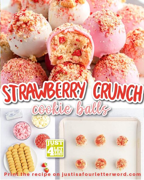 Strawberry Crunch Balls, Strawberry Cheesecake Balls, Strawberry Crunch Cookies Recipe, Strawberry Oreo Balls, Strawberry Treats For Party, Strawberry Balls No Bake, Strawberry Crunch Sugar Cookies, Crunch Berry Treats, Strawberry Crunch Desserts