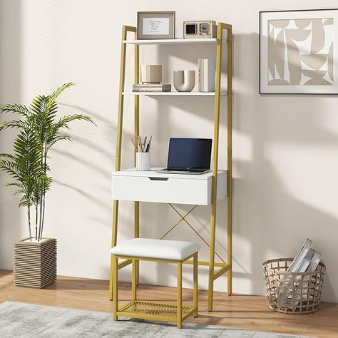 4 Storage Compartments, Open Shelves, Girls Dressing Table for Small Space (White & Gold) Vanity For Small Bedroom, Tiny Vanity Ideas, Small Vanity Ideas, Dressing Table For Small Space, Make Up Vanities, Vanity Table Ideas, Cool Bedroom Ideas, Girls Dressing Table, Cherry Bedroom