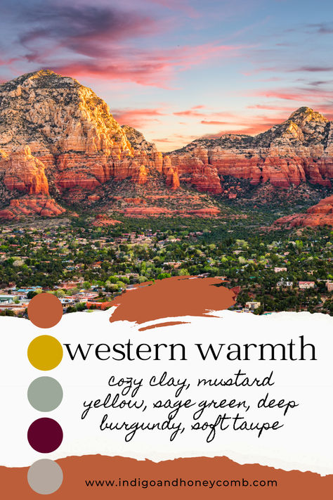 🍁Channel the rustic charm of the Southwest with the Western Warmth color palette, featuring October’s Color of the Month: Cozy Clay! 🌵 This palette combines earthy tones like Mustard Yellow, Sage Green, and Deep Burgundy, creating a warm, sun-kissed look perfect for fall interiors. Discover how Cozy Clay can bring warmth and Western-inspired elegance to your space. #WesternWarmth #CozyClay #ColorPalette #FallDesign #InteriorInspiration #Moodboard #Fall2024 #IndigoandHoneycomb Old Western Color Palette, Rustic Fall Color Palette, Cowboy Color Palette, Southwest Color Palette, Western Color Palette, Southwestern Color Palette, Meditation Zone, Peaceful Scenery, Southwestern Colors