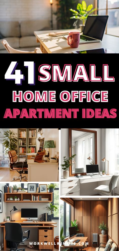 Transform a small nook into a tiny office with sleek, space-saving furniture. Add shelves for storage and stick to neutral tones for a modern and airy feel. At Home Office Apartment, Studio Apartment Workspace, Tiny Living Room With Desk, Small Apartment Living Room With Desk, Turning Living Room Into Office, Desk Apartment Living Room, Tiny Working Space, Tiny Office Nook, Galley Office Space