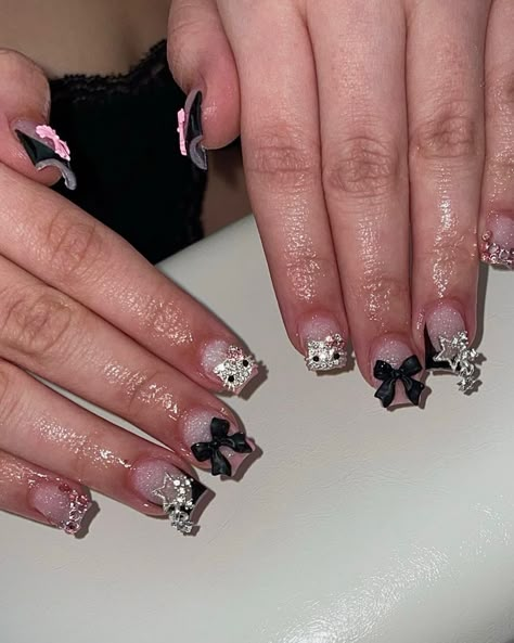 short junk nails 🎀🖤 DM to book 💕 #shortnails #hellokitty #junknails #frenchtipnails #cutenails #sanantonionails #sanantonionailtech Nails Short Charms, Black Junk Nails Short, Short Hello Kitty Nails With Charms, Hello Kitty Junk Nails, Black Hello Kitty Nails, Junk Nails Short, Short Nails With Charms, Short Junk Nails, Gel X Nail Ideas