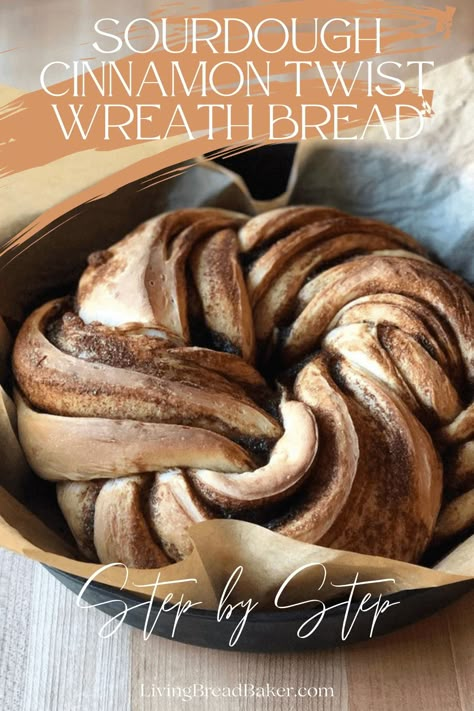 Sourdough Cinnamon Twist Wreath Bread - Living Bread Baker Inclusion Sourdough Bread, Sourdough Bread Toppings Ideas, Sourdough Tools, Sourdough Cinnamon Bread, Wreath Bread, Bread Wreath, Bread Christmas, Cinnamon Twist, Everything Sourdough