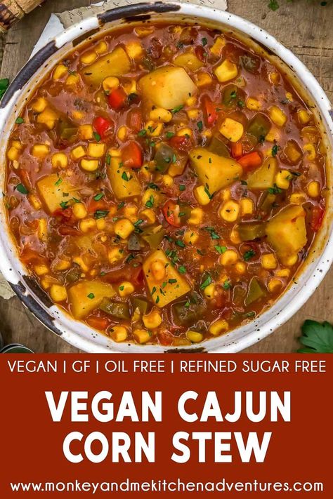 Healthy, hearty, and delicious, this low-fat, oil-free Vegan Cajun Corn Stew is loaded with nourishing plant-based ingredients. #wholefoodplantbased #vegan #oilfree #glutenfree #plantbased | monkeyandmekitchenadventures.com Cajun Corn, Vegan Cajun, Monkey And Me, Monkey And Me Kitchen Adventures, Whole Food Plant Based Diet, Fat Oil, Plantbased Recipes, Plant Based Diet Recipes, Plant Based Whole Foods