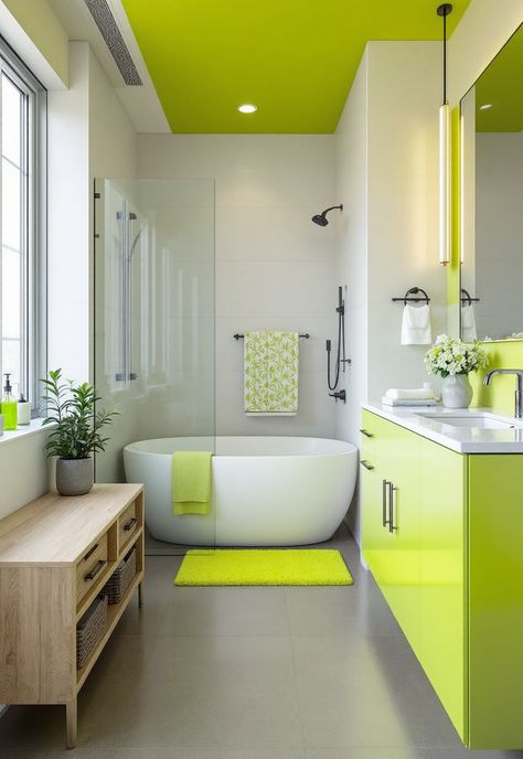 Green Bathroom Decor Green Accent Bathroom, Lime Bathroom, Bright Green Bathroom, Treehouse Bathroom, Lime Green Bathroom, Green Bathroom Decor Ideas, Bathroom Colour Ideas, Lime Green Bathrooms, Light Green Bathrooms