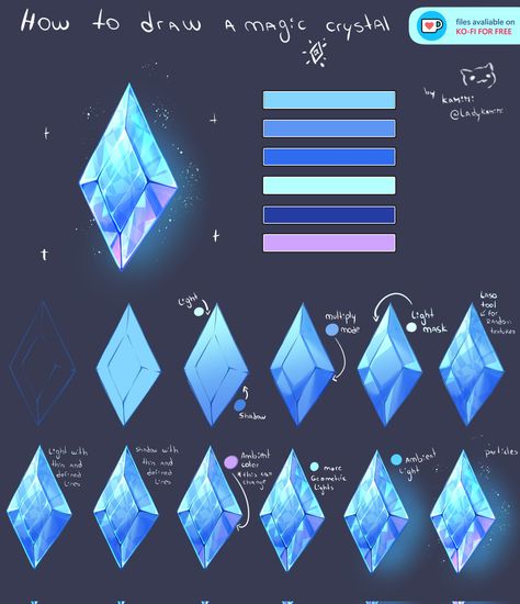 How To Shade Crystals Digital, Coloring Crystals Tutorial, Crystal Digital Art Tutorial, Crystal Art Tutorial, Crystal Coloring Tutorial, Crystal Tutorial Digital, How To Shade Crystals, Crystal Reference Drawing, How To Paint Iridescent