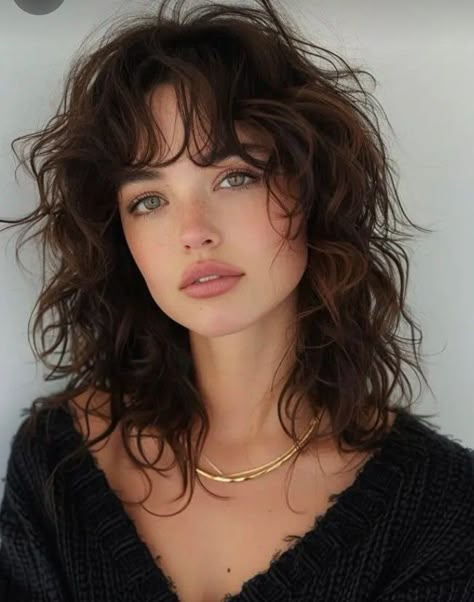 Wolf Haircut Wavy Hair Short, 70 Curly Hair, Medium Length Haircut For Wavy Hair Round Face, Whimsical Curtain Bangs, Short Curly Haircuts With Bangs Fringes, Medium Wavy Shag With Bangs, Wavy Wolf Cut Medium, Curly Shag With Curtain Bangs, Curly Shag Haircut With Bangs