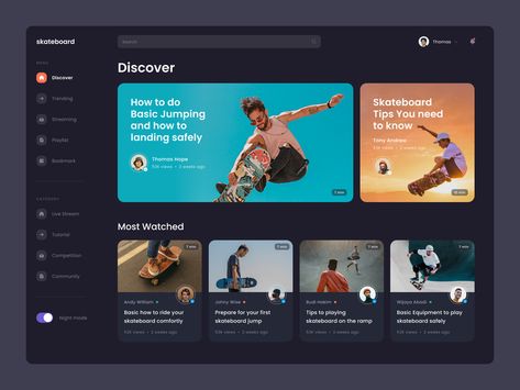 #Exploration - Skateboard Video Platform by Dwinawan for Paperpillar on Dribbble Skateboard Videos, Card Ui, Directory Design, Interactive Media, Dark Mode, Music Design, Web App Design, Website Design Inspiration, Visual Content