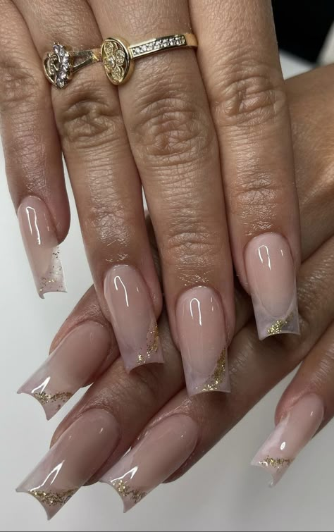 Asian Wedding Nails, Nail Gold Flakes, Beige Nails Design Classy, Nail Inspo Square Long, Neutral Nail Ideas, Nails With Gold Glitter, Beige Nails Design, Tapered Square Nails, Gel Toe Nails