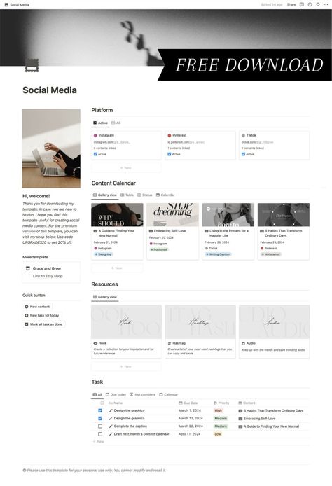 Free Notion Template Social Media Planner Notion Template Social Media Manager, Social Media Planner Notion, Content Calendar Notion, Social Media Notion Template, Notion Content Planner Template, Notion Social Media Planning, Social Media Content Planner Template, Social Media Manager Template, Notion Social Media Template