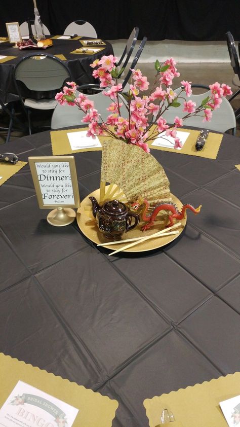 Disney Theme Bridal Shower Mulan "Would You Like to Stay for Dinner? Would You Like to Stay Forever?" Disney Wedding Decorations, Bridal Dinner, Disney Centerpieces, Disney Wedding Centerpieces, Disney Prom, Wedding Disney, Cherry Blossom Theme, Disney Bridal Showers, Chinese Theme