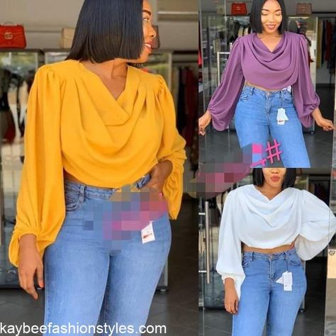 Duchess Styles In Nigeria, Two Pieces Trouser And Top Nigeria, Material Top Styles For Ladies, Top Styles For Ladies, Vintage Shirts Outfit, Ankara Top Styles, Chiffon Skirts, Chic Trousers, Jean Trousers