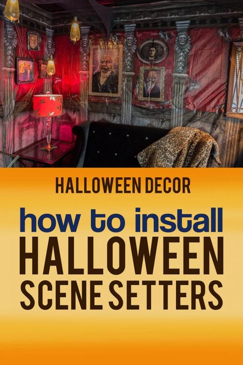 Convert your house into a haunted mansion for Halloween with these scene setters. Find out where to get scene setters and how to install them. Diy Halloween Bottles, Halloween Scene Setters, Mad Scientist Halloween, Haunted House Halloween Party, Halloween Party Drinks, Halloween Haunted House Decorations, Haunted Mansion Halloween, Scene Setters, Happy Halloween Witches