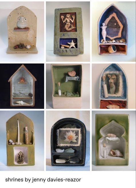 Small Alters Ideas, Ceramic Shrine Ideas, Ceramic Altar Shelf, Air Dry Clay Altar, Air Dry Clay Shelf, Clay Shrine, Diy Shrine, Clay Shelves, Ceramic Shrine