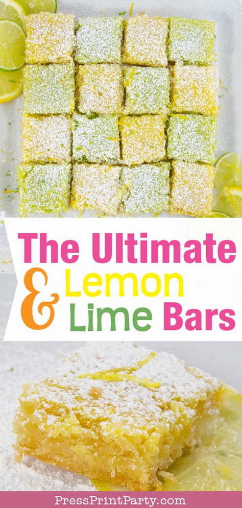 LEMON & LIME BARS: This easy lemon bars recipe works as well with lemons or limes. Best classic lemon bars from scratch. Make lemon squares and lime bars in a checkered pattern that will wow your friends - by Press Print Party! #lemonbars #dessert #limebars Lemon And Lime Recipes, Lemon Lime Recipes, Lime Bars Recipe, Lime Dessert Recipes, Easy Lemon Bars, Baking Bars, Desert Bars, Classic Lemon Bars, Lemon Bars Easy