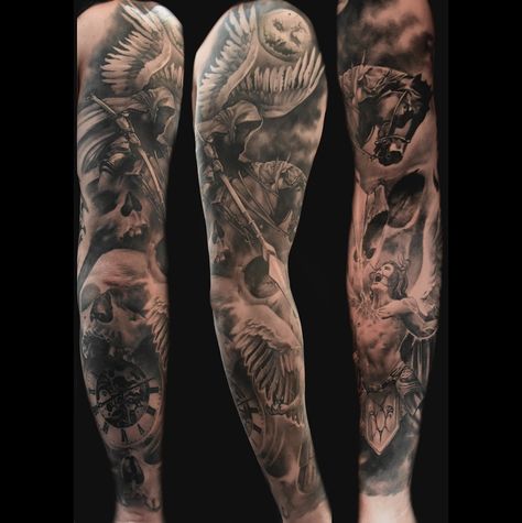 Angels and demons tattoo Angel Sleeve Tattoo, Inked Guys, Devil Tattoo, Angel Tattoos, Men Tattoos Arm Sleeve, Demon Tattoo, Angel Tattoo Designs, Greek Tattoos, Full Sleeve Tattoos