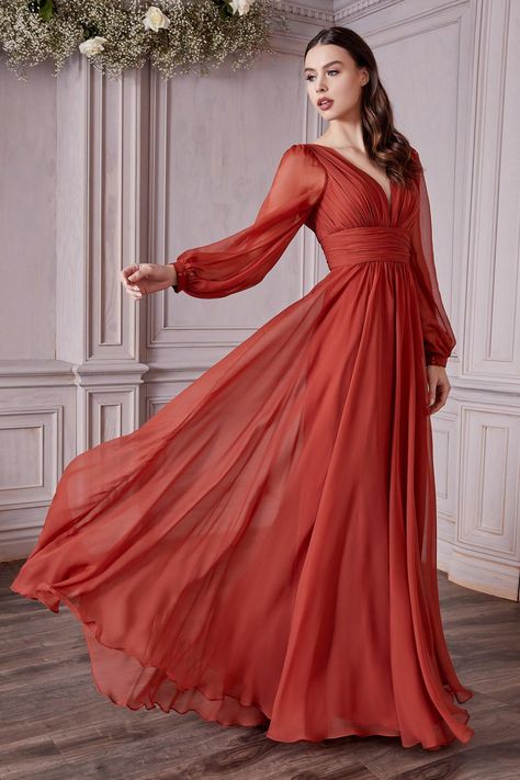 Wedding Guest Gowns, Long Sleeve Chiffon Dress, Cinderella Divine, Red Bridesmaids, Evening Dresses With Sleeves, Bra Strap, Unique Prom Dresses, Cinderella Dresses, Chiffon Evening Dresses